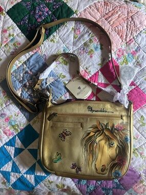 Anuschka Gold Hand-Painted Horse & Butterfly Crossbody Bag